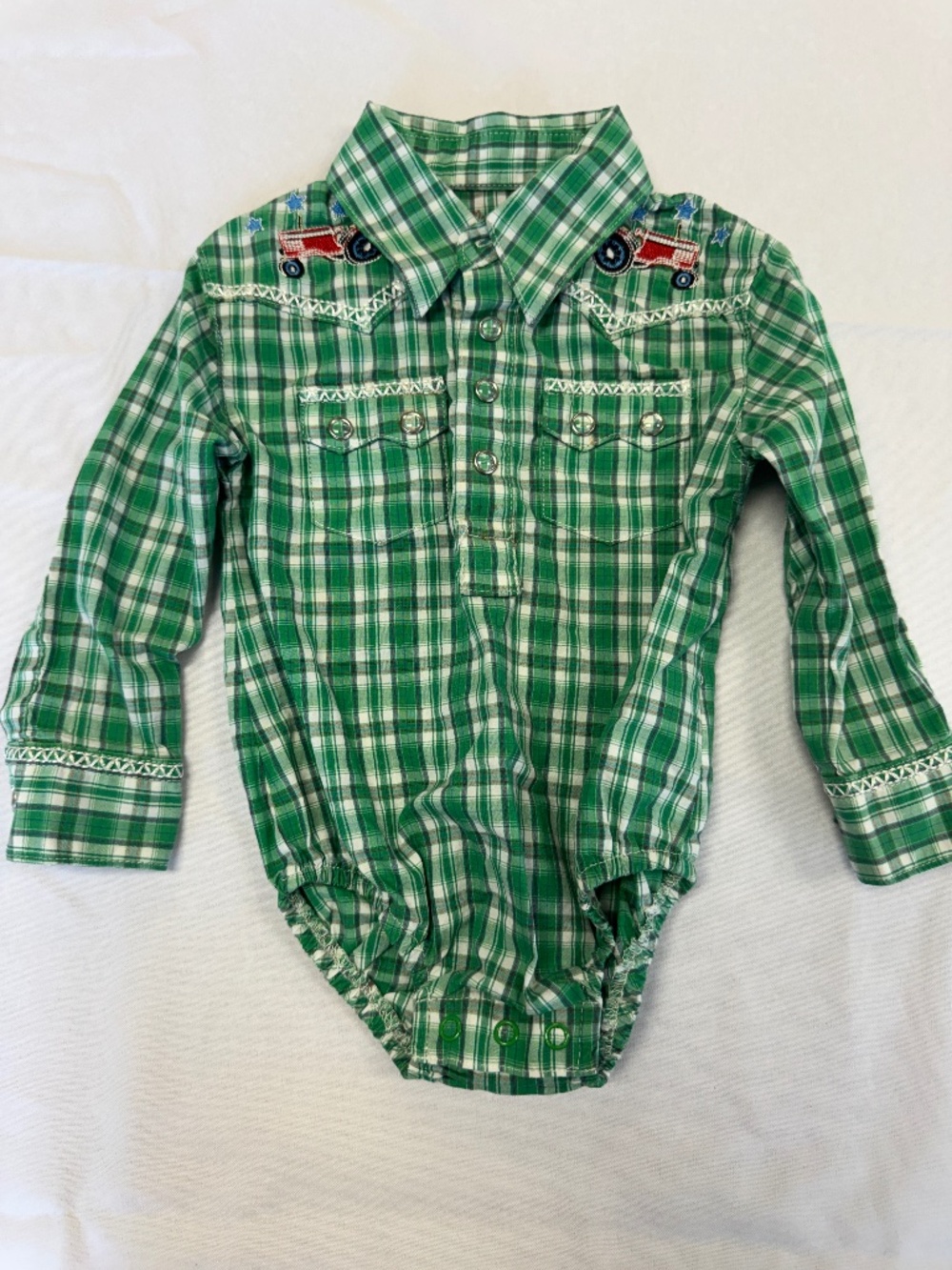 Wrangler Baby Long Sleeve Green Check Onsie Tractors Size 6-9 mo